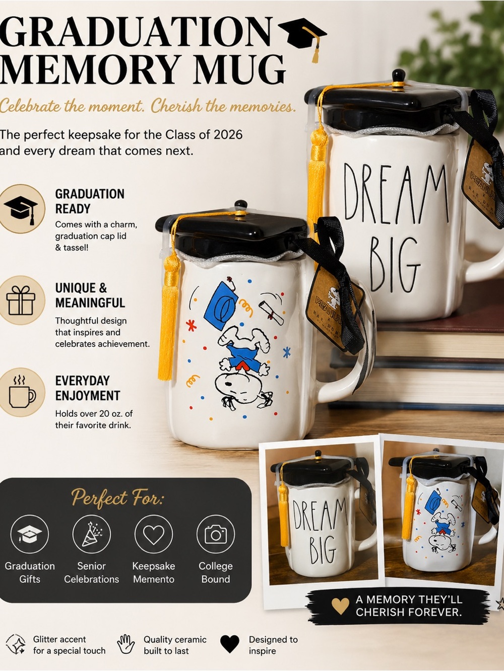 Rae Dunn Snoopy  Dream Big Ceramic Mug with Black Lid